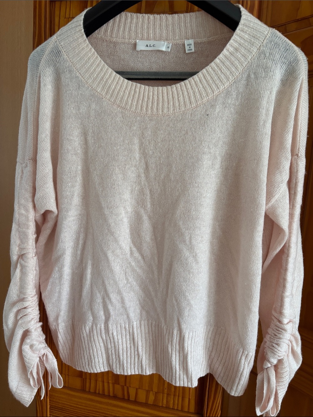 A.L.C. Light Pink Crewneck Sweater with Ruched Tie Sleeves